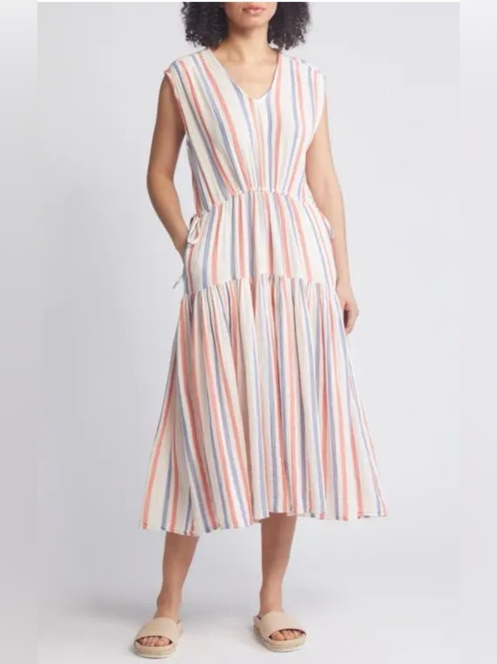 Caslon Stripe Sleeveless Cotton Midi Dress Pink Beach Napa Stripe Size Large